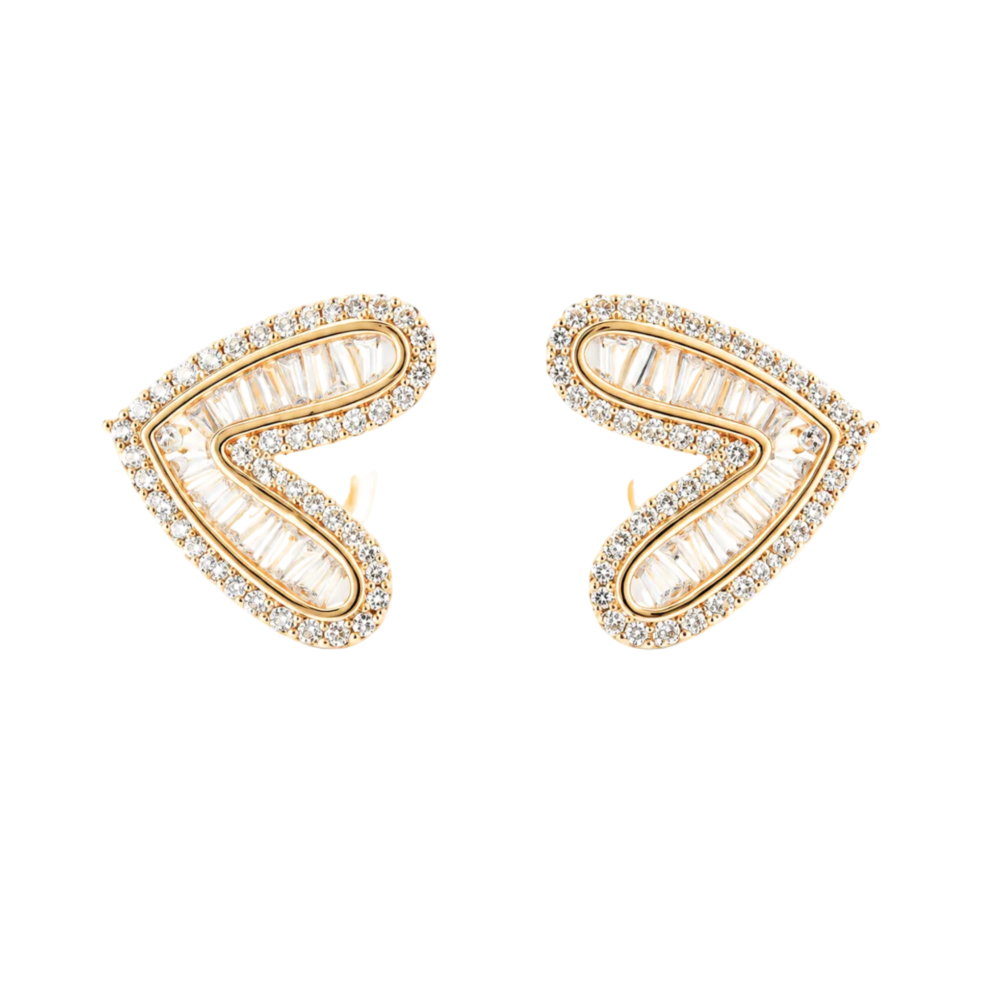 A pair of gold stud earrings featuring a curved, openwork design paved with small clear stones and lined with larger baguette-cut clear stones, shown on a plain white background.