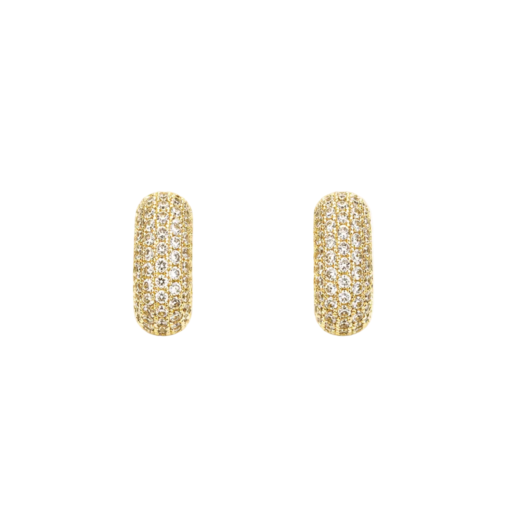 A pair of gold hoop earrings covered in small clear pavé stones, centered on a plain white background.