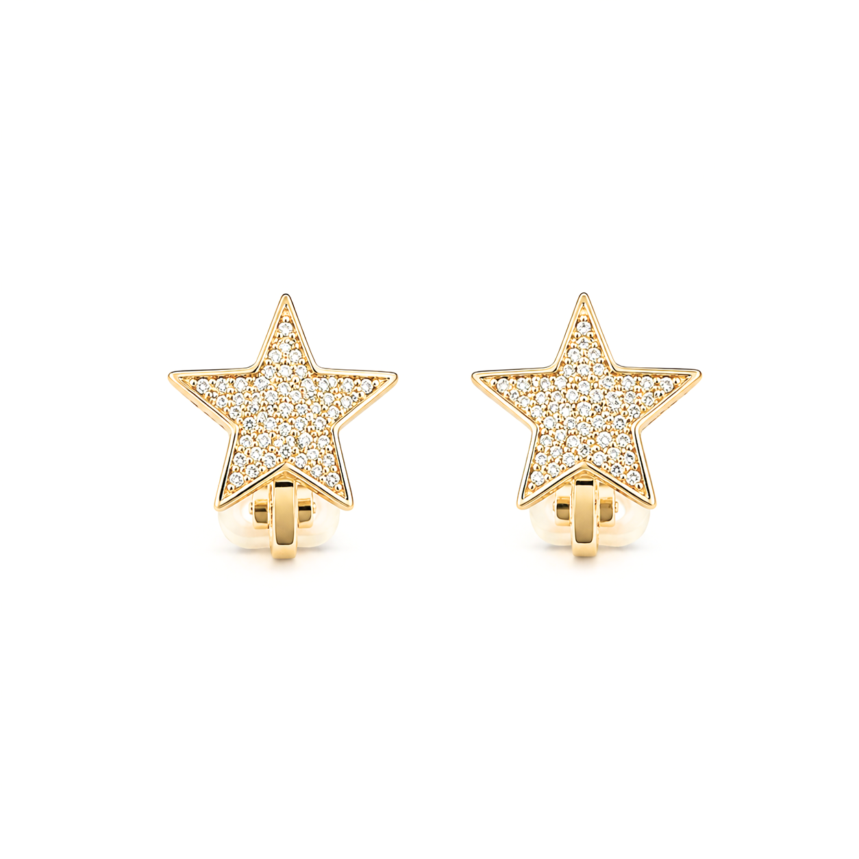 A pair of gold star-shaped stud earrings paved with small clear stones, shown on a clean white background.
