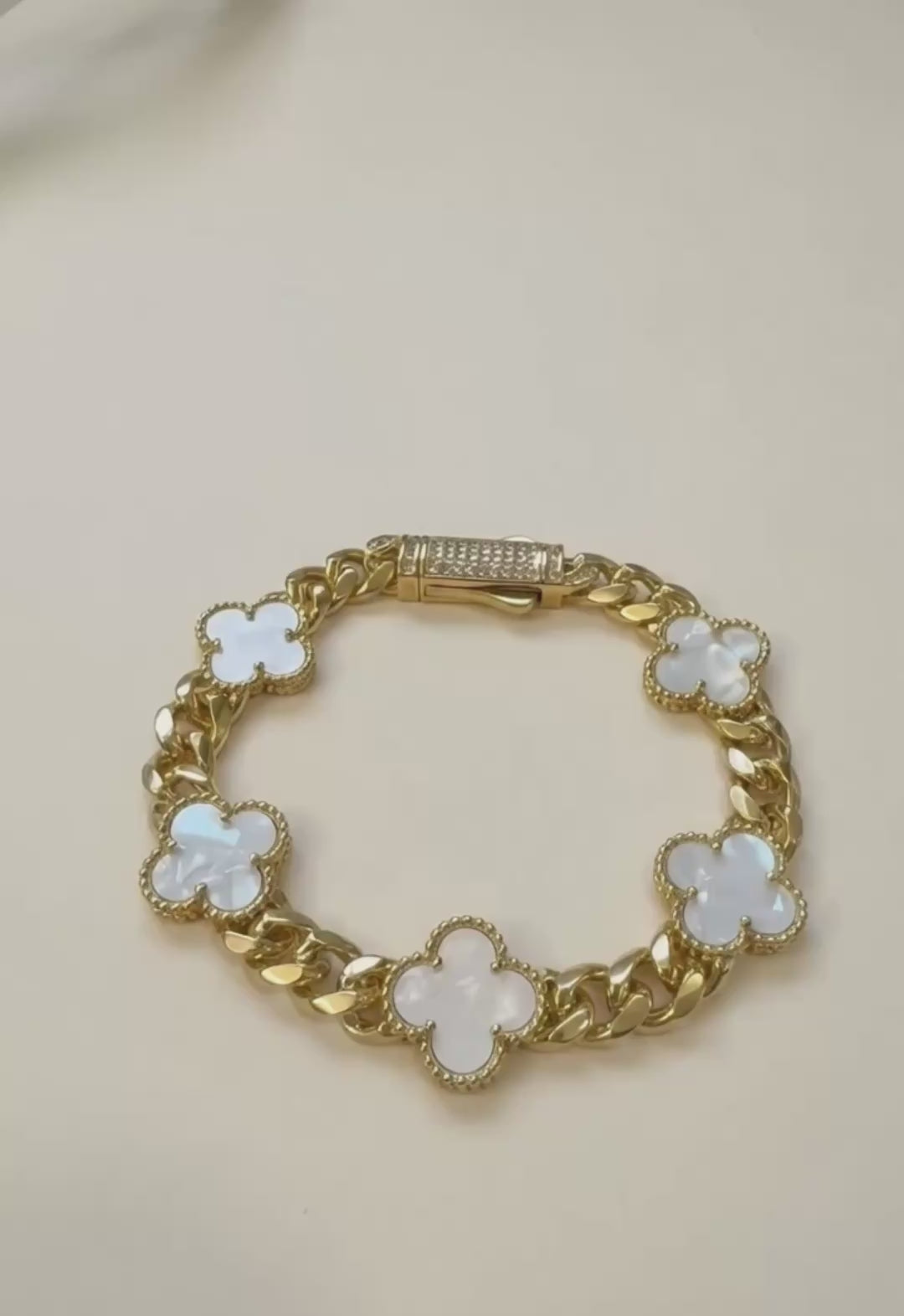 18K gold filled mother-of-pearl clover bracelet with pavé clasp